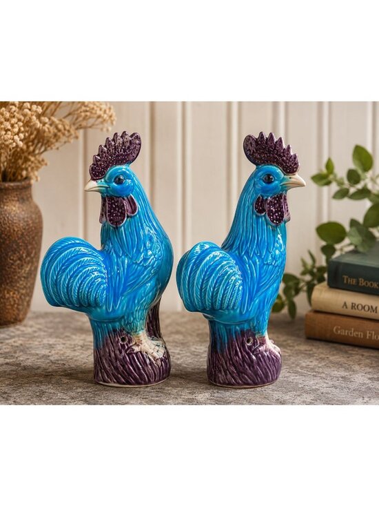 Other - Vintage Turquoise Rooster Figurine Pair MTC Taiwan | Aubergine Glazed Chinoiseri